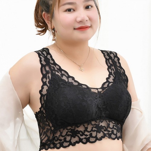 Breathable Seamless Thin Mold Cup Wrap Floral Lace Design Bra - Black image