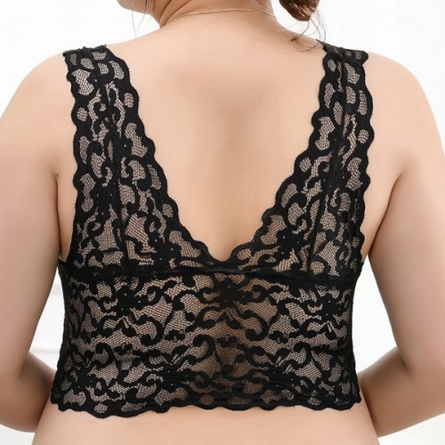 Breathable Seamless Thin Mold Cup Wrap Floral Lace Design Bra - Black image