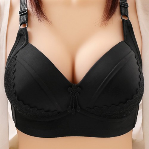 Leisure Style Fixed Shoulder Straps Gathered Floral Lace Bra - Black image