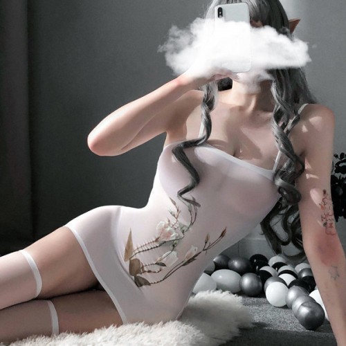 Explicit Mesh Lingerie Tight Hip Skirt Flower Design Bodysuit - White image