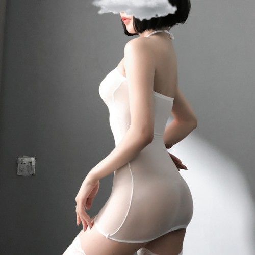 Apparent Mesh Halter Neck Feather Décor Tight Hip Skirt Bodysuit - White image