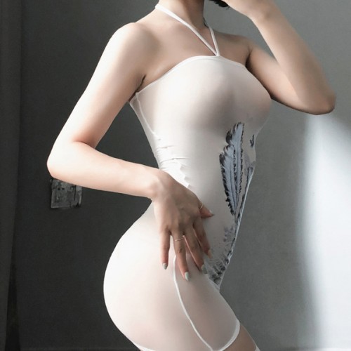 Apparent Mesh Halter Neck Feather Décor Tight Hip Skirt Bodysuit - White image