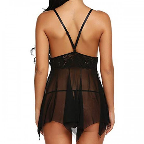 Women's Thong Lingerie Lace Sleepwear Mesh Nightwear - Black image