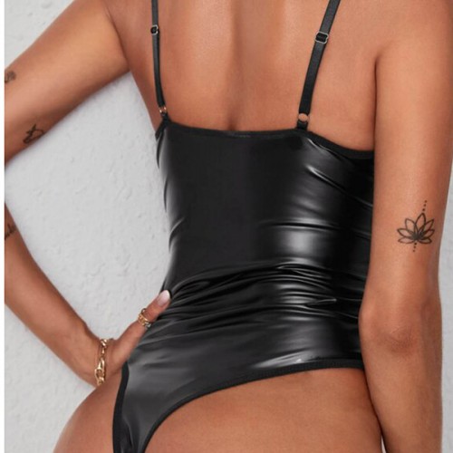 Solid Color Clubwear Shoulder Strap Thong Lingerie G-String Bodysuit - Black image