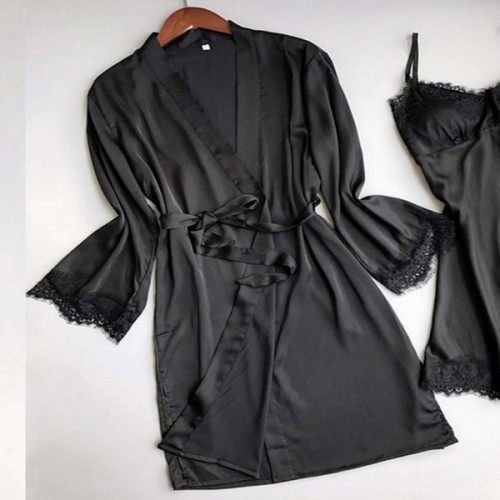 Vintage Midi Night Gown Full Sleeve Knotted Cardigan Nightwear - Black image