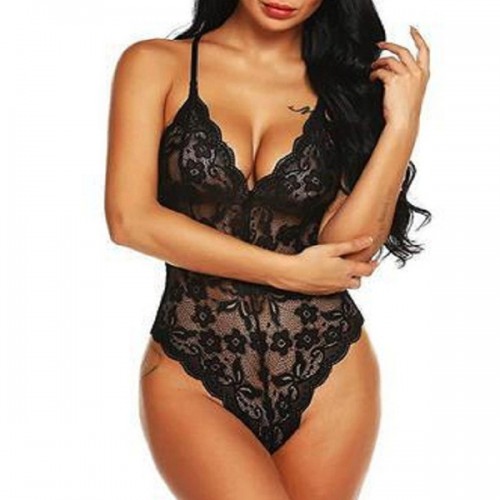 Flossy Backless Scalloped Teddy High Cut Lingerie Intimate Bodysuit - Black image