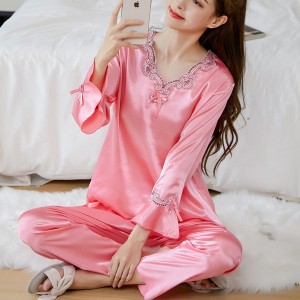 Two Piece Long Sleeve Pajamas V Neck Silk Stain Nightwear - Pink