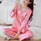 Two Piece Long Sleeve Pajamas V Neck Silk Stain Nightwear - Pink image