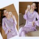 Two Piece Long Sleeve Pajamas V Neck Silk Stain Nightwear - Purple image