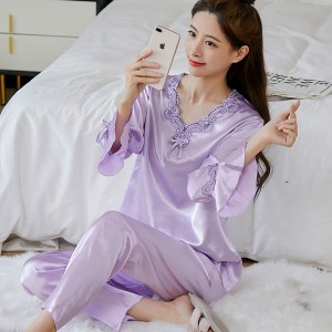 Two Piece Long Sleeve Pajamas V Neck Silk Stain Nightwear - Purple