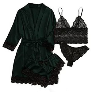 Silk Satin Knotted Pajamas Set 4pcs Lace Floral Nightwear - Black