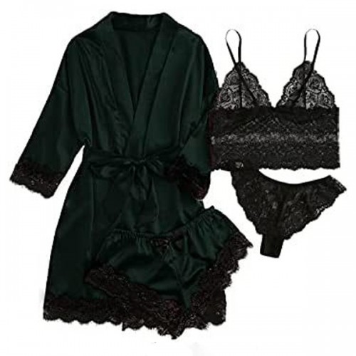 Silk Satin Knotted Pajamas Set 4pcs Lace Floral Nightwear - Black image