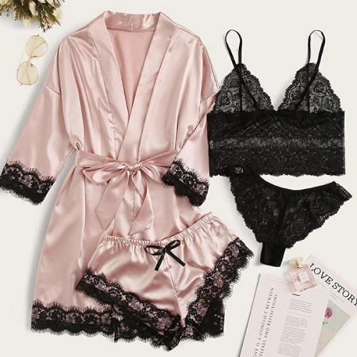 Silk Satin Knotted Pajamas Set 4pcs Lace Floral Nightwear - Pink image