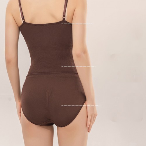 Ribbed Design Solid Color Sleeveless Women Sliming Bodysuit - Brown image