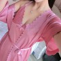 Half Sleeve Knotted Midi Skirt V Neck Lace Sling Nightwear - Pink