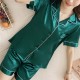 Solid Color Lapel Collar Cardigan Short Sleeve Nightwear Set - Green image