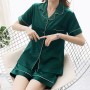 Solid Color Lapel Collar Cardigan Short Sleeve Nightwear Set - Green