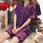 Solid Color Lapel Collar Cardigan Short Sleeve Nightwear Set - Purple