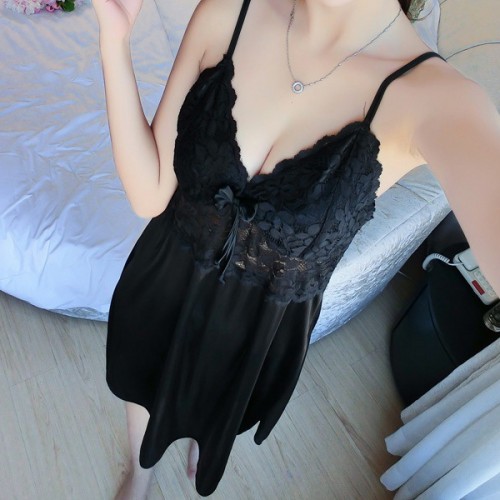 Leisure Style Lace Stripy Sleeveless Plunge Neck Skirted Nightwear - Black image