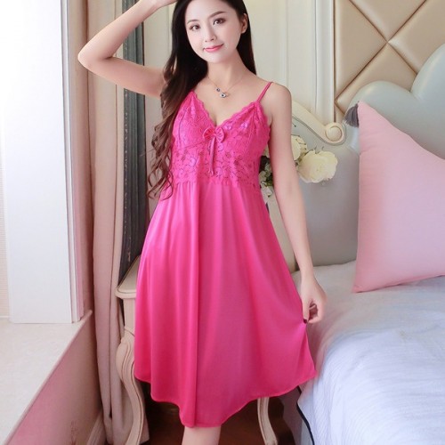 Leisure Style Lace Stripy Sleeveless Plunge Neck Skirted Nightwear - Deep Pink image