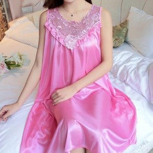 Luxury Camisole Shiny Lace Silky Swing Skirt Nightdress - Pink
