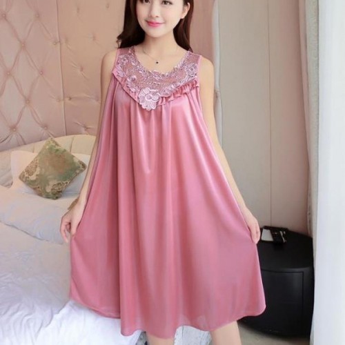 Luxury Camisole Shiny Lace Silky Swing Skirt Nightdress - Pink image