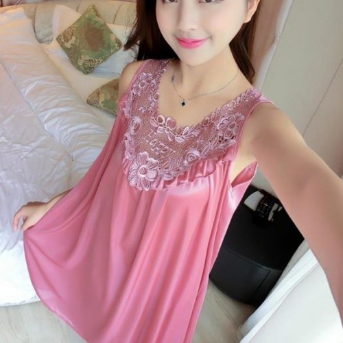Luxury Camisole Shiny Lace Silky Swing Skirt Nightdress - Pink image