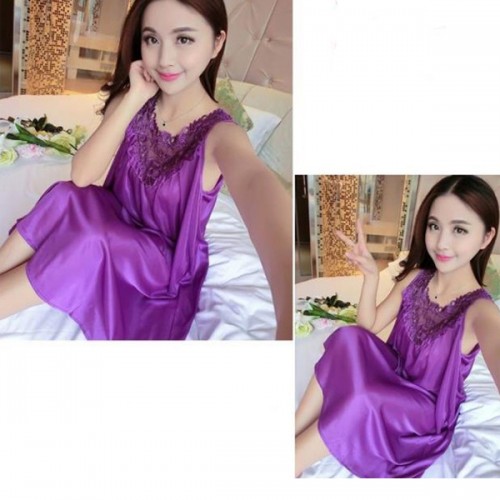 Luxury Camisole Shiny Lace Silky Swing Skirt Nightdress - Purple image