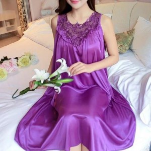 Luxury Camisole Shiny Lace Silky Swing Skirt Nightdress - Purple