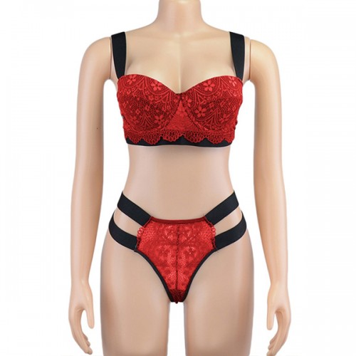  Luxury Two Pieces Bralette Lace Nightwear Bra & Panty Set - Red image