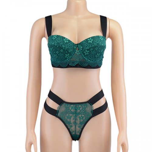  Luxury Two Pieces Bralette Lace Nightwear Bra & Panty Set - Green image