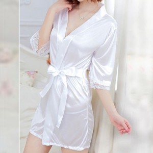 Shiny Nightgown's Knot Waist Bathrobe Women Nightwear - White