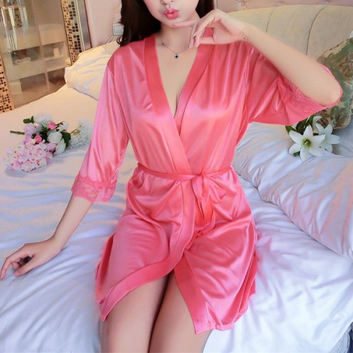 Shiny Nightgown's Knot Waist Bathrobe Women Nightwear - Red image