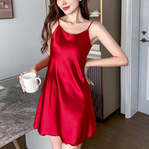 Comfortable Uniform Slim Silk Solid Color Women Nightwear - Red image