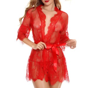 Luxury Mesh Cardigan Nightgown Baby Doll Nightwear - Red