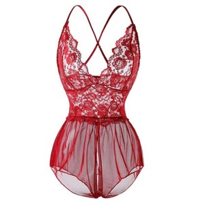 Luxury Halter Neck Strappy Mini Lace Floral Sheer Women Bodysuit - Red