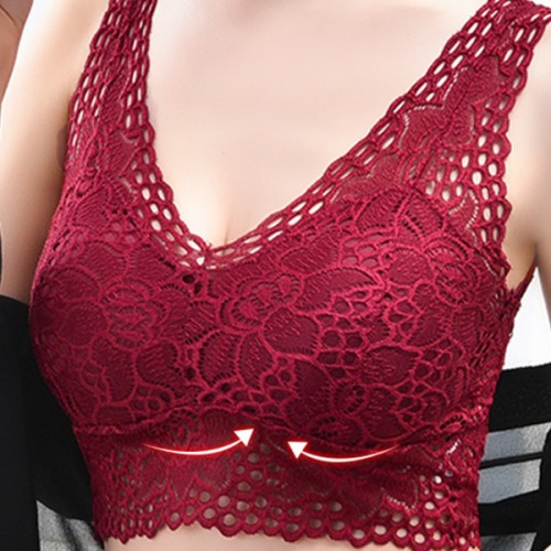 Comfort Lace Crop Top Padded Tank Top V Neck Bustier Bra - Red image