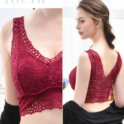 Buy Comfort Lace Crop Top Padded Tank Top V Neck Bustier Bra - Red, Fashion