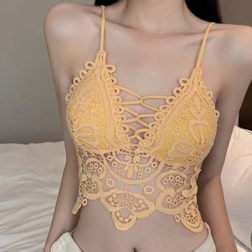 Solid Color Mold Cup Camisole Lace Design Tank Top Lingerie Bra - Yellow image
