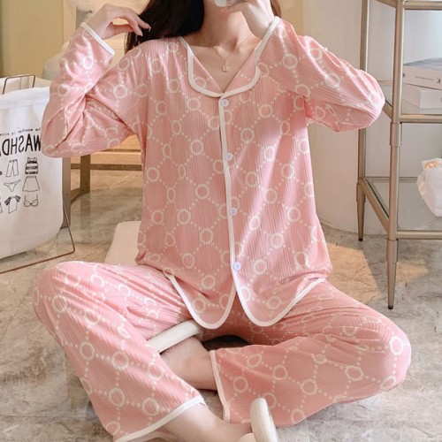 Comfortable Geometric Pattern Cardigan Pajamas Set Nightwear - Pink image