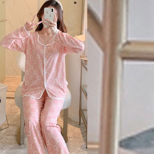 Comfortable Geometric Pattern Cardigan Pajamas Set Nightwear - Pink image