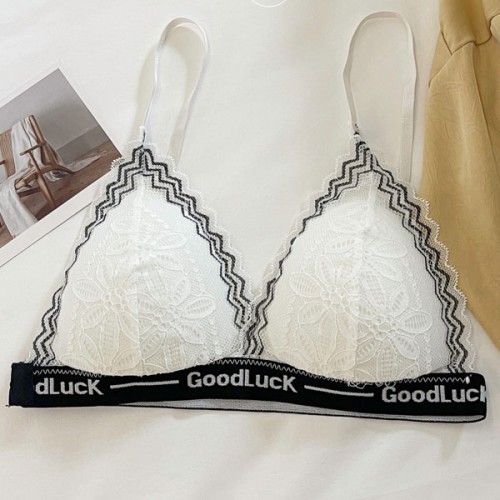 Detachable Adjusted Straps Floral Lace Wireless Thin Mold Cup Bra - White image