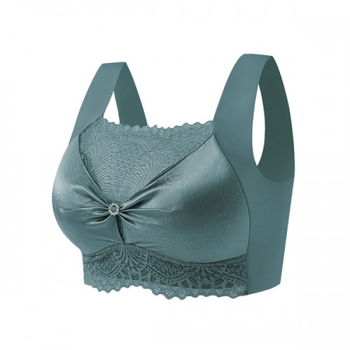 Fashionable Flower Lace Non Padded Elastic Shoulder Sports Bra - Green image