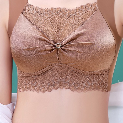 Fashionable Flower Lace Non Padded Elastic Shoulder Sports Bra - Brown image
