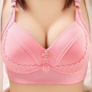 Leisure Style Fixed Shoulder Straps Gathered Floral Lace Bra - Pink