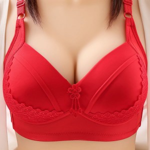 Leisure Style Fixed Shoulder Straps Gathered Floral Lace Bra - Red