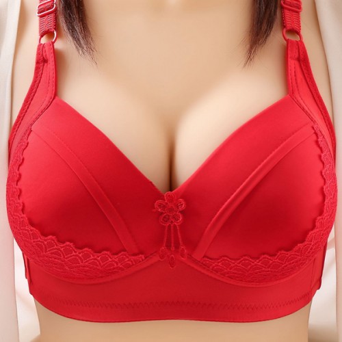 Leisure Style Fixed Shoulder Straps Gathered Floral Lace Bra - Red image