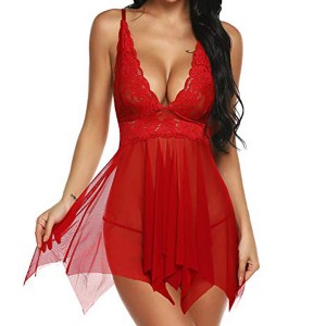 Women's Thong Lingerie Lace Sleepwear Mesh Nightwear - Red
