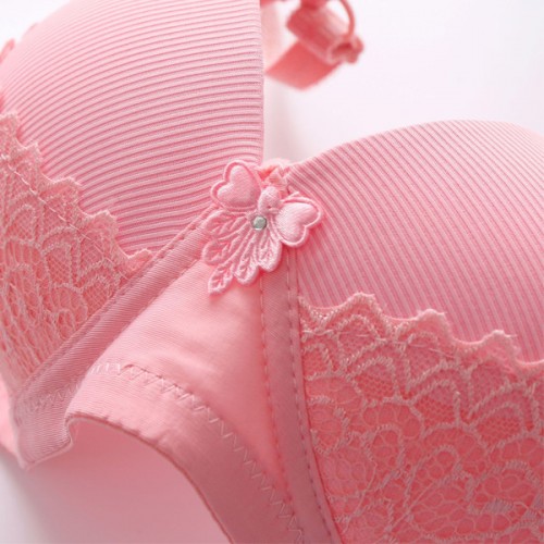 Comfortable Sponge Padded Gathered Floral Lace Women Bra - Pink image