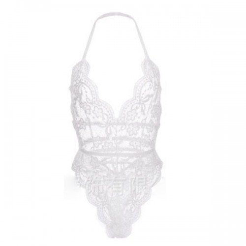 Hollow Out Halter Neck Lace Nighties Lingerie Bodysuit - White image